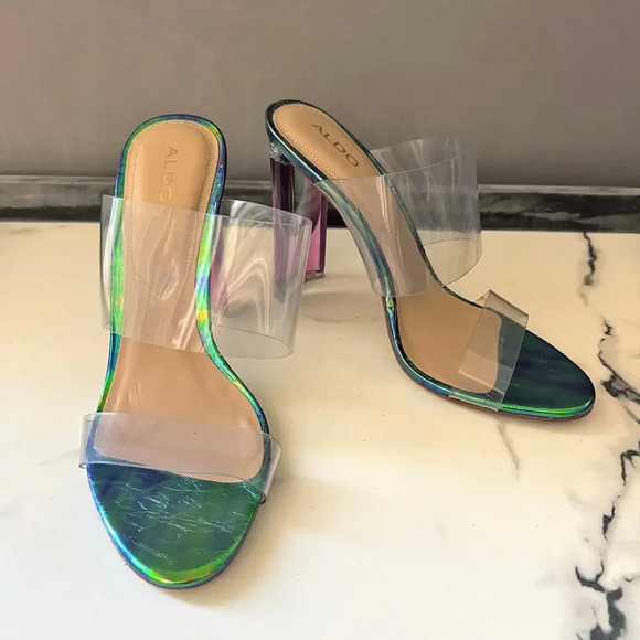 ALDO PVC Clear Double Strap Green Iridescent Mermaid Sandal Heels Size 8.5 - Picture 3 of 11